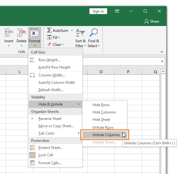 Unhide Columns from Excel Ribbon