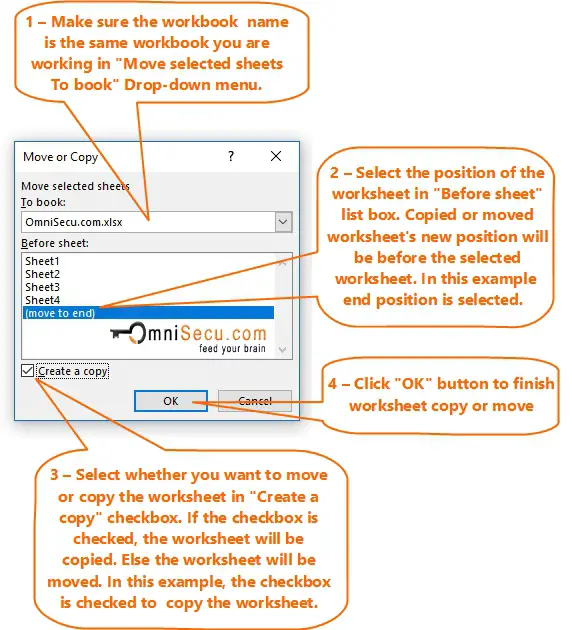 Worksheet Move or copy dialog box