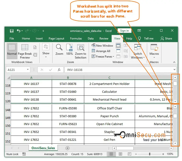  Worksheet panes split horizontally 