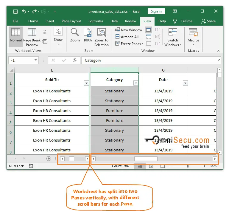  Worksheet panes split Vertically