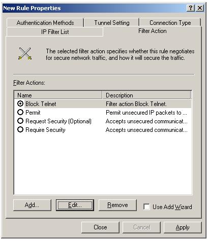 IPSec filter action Block Telnet created
