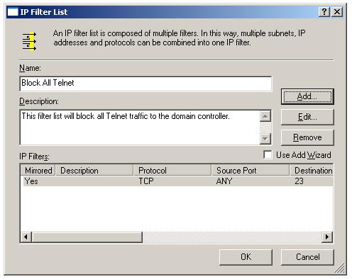 New IP filter list to block all telnet traffic listed