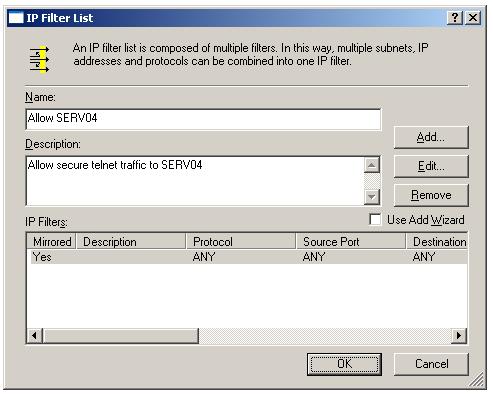 IPSec secure filter list to SERV04 created