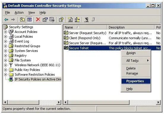 IPSec Secure Telnet policy properties