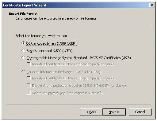 Certificate Export Wizard - Select format