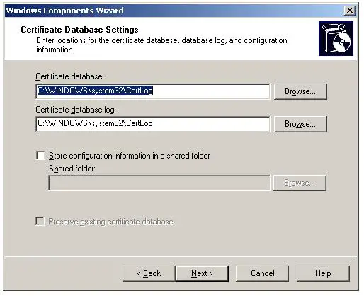 Installing Enterprise Subordinate Certificate Authority - Database and Log file location