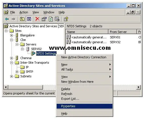 Active Directory Sites and Services NTDS Settings context menu
