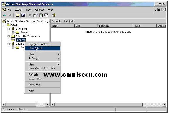 Active Directory sites and services snap-in add new subnet