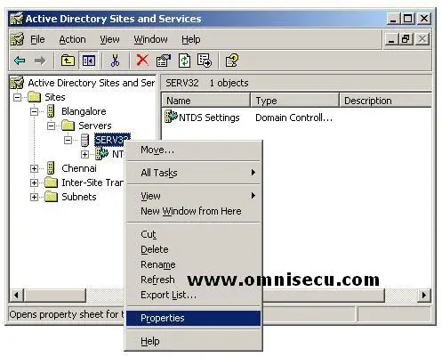 Active Directory Sites and Services Snap-in Select Server properties 