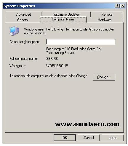Add Computer to Active Directory Domain - System Applet Computer Name tab