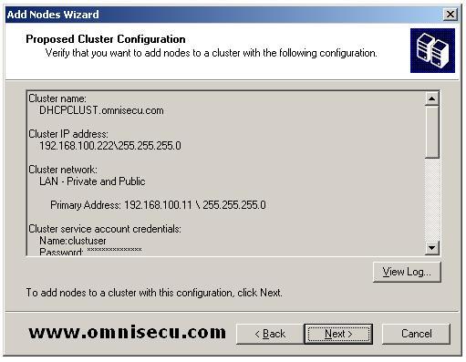 Failover Server Cluster Administratrator Add nodes wizard Proposed Cluster Configuration Screen