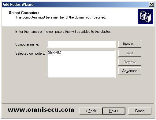 Failover Server Cluster Administratrator Add nodes wizard Select Computers Screen