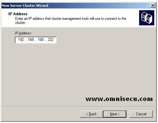 New Cluster wizard Cluster IP Address