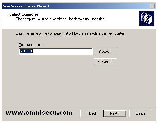 New Cluster wizard select computer