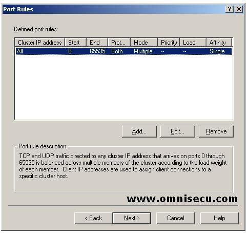 Network Load Balancing Manager nlbmgr.exe - New Cluster - Port Rules