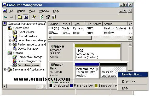 Disk management mmc snapin context menu new extended partition