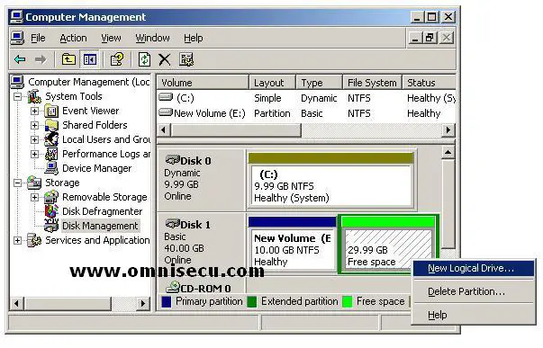 Disk Management MMC snapin context menu new logical drive