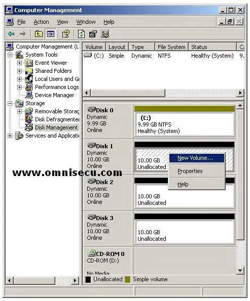 Disk Management MMC snapin context menu new volume