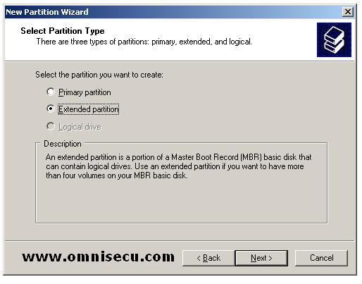 Extended  New partition wizard select partition type