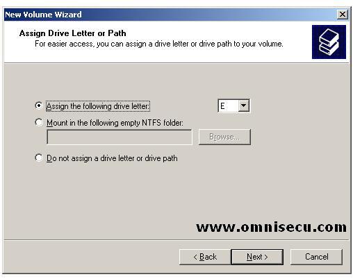 New Volume wizard Assign drive letter or path