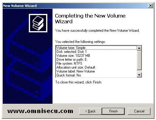 Completing the new volume wizard