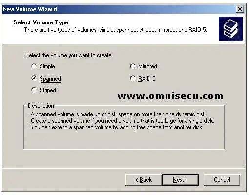 Spanned new volume wizard select volume type