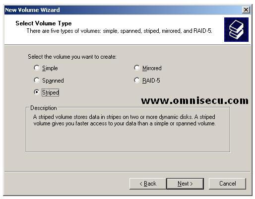 Striped new volume wizard select volume type