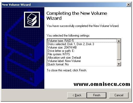 Striping with parity RAID-5 completing the new volume wizard