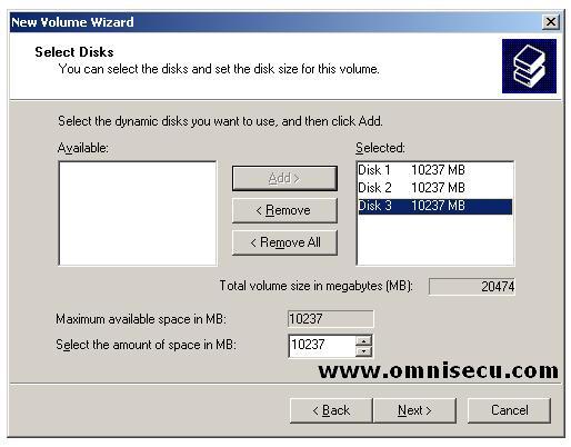 Striping with parity RAID-5 new volume wizard select disks