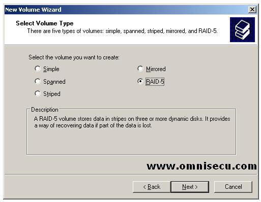 Striping with parity RAID-5 new volume wizard select volume type