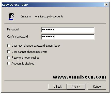 Active Directory users and computers copy object user dialog password
