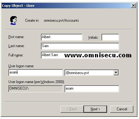 Active Directory Users and Computers copy object user dialog