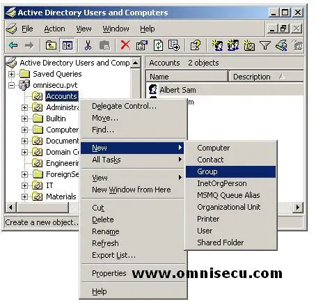 Active Directory Users and Computers New Group