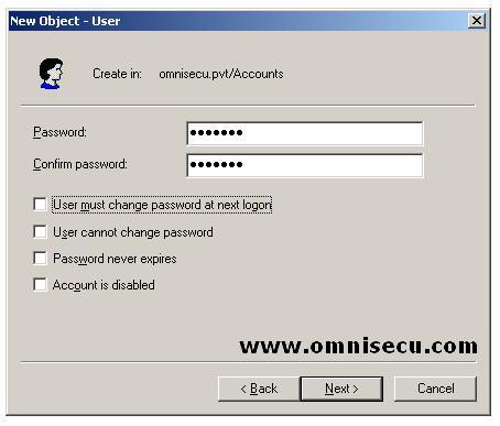 Active Directory Users and Computers new Object User dialog password