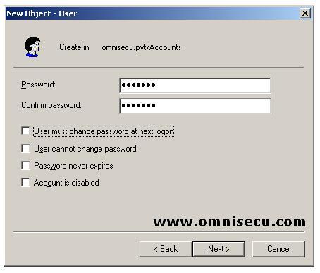 Active Directory Users and Computers new Object User dialog password