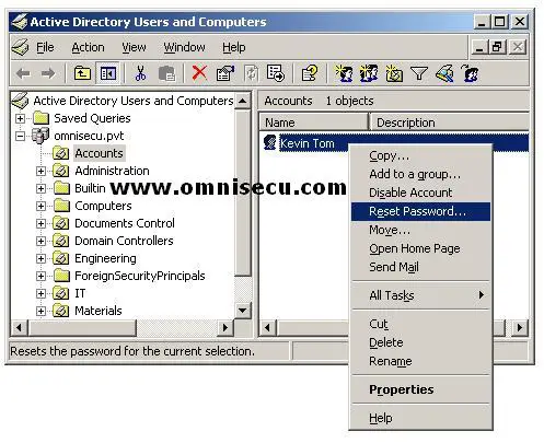 Active Directory users and computers user contex menu