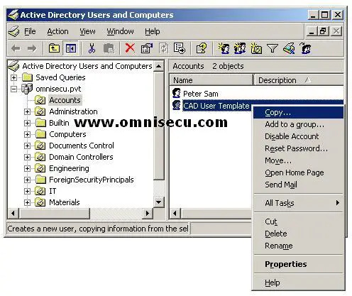 Active Directory Users and computers user copy