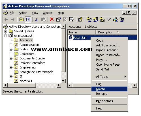 Active Directory users and computers user delete