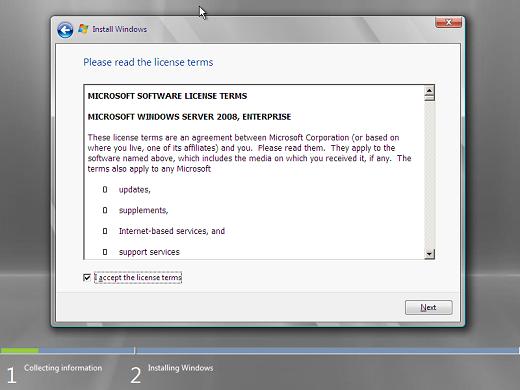 Windows 2008 installation accept licence terms