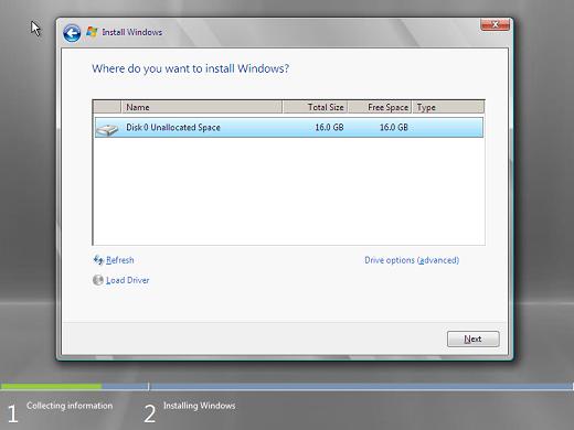 Windows 2008 installation drive options